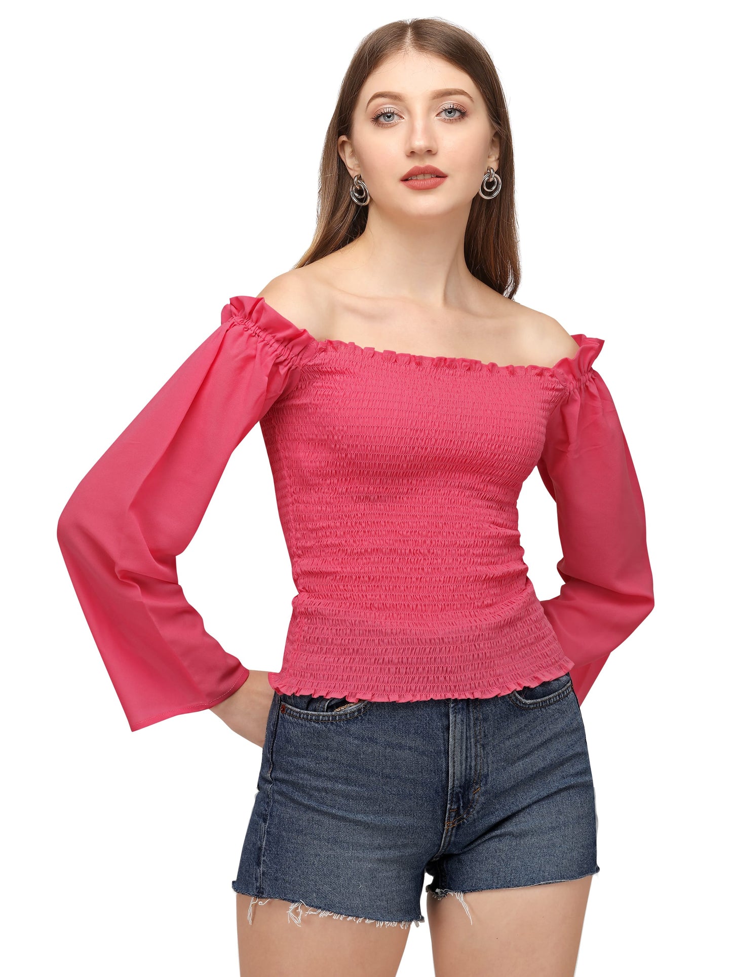 SXV Latest Stylish Georgette Smocked Pink full Sleeve off shoulder Neck top for Women & Girls | Casual top for Jeans/Pants pink colour