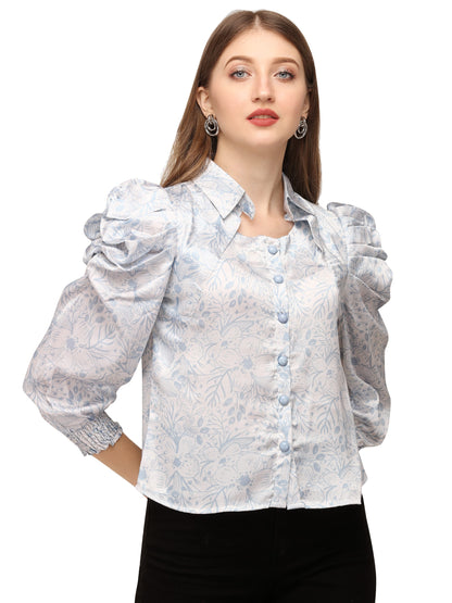 SXV Light Blue Leaves Print with Collar Crop Top | satin Tops for Women and girls