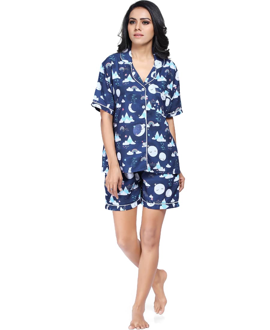 SXV Women's Cotton Printed Night Suit Pyjama Set : Moon and Mountains (Lowest price - non returnable)