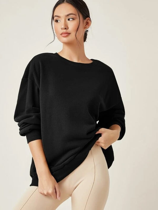 SXV Black  Plain  Round Neck Drop Shoulder Solid Oversized Sweatshirt