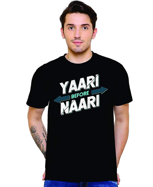 SXV Cotton Black Printed T-Shirt :YAARI Before NAARI